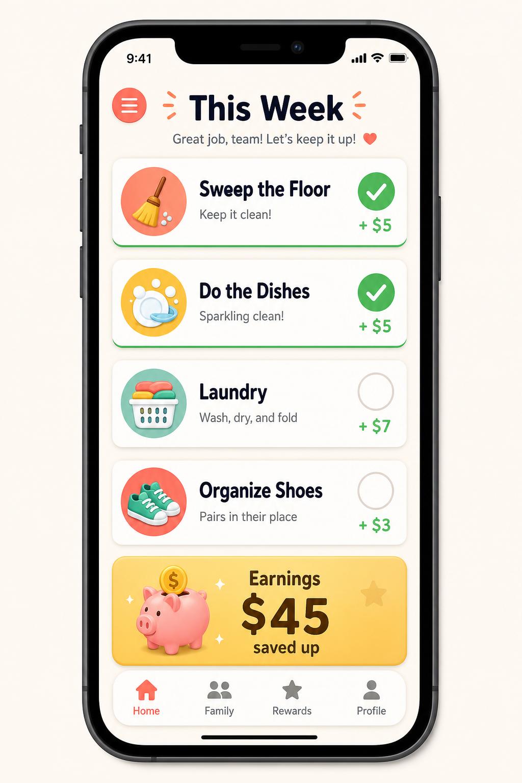 Lee Fix parent view: weekly chore list with earnings